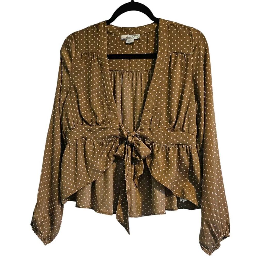 American Eagle Womans Size M Blouse Brown White Polka Dot Peplum Hem Front Tie